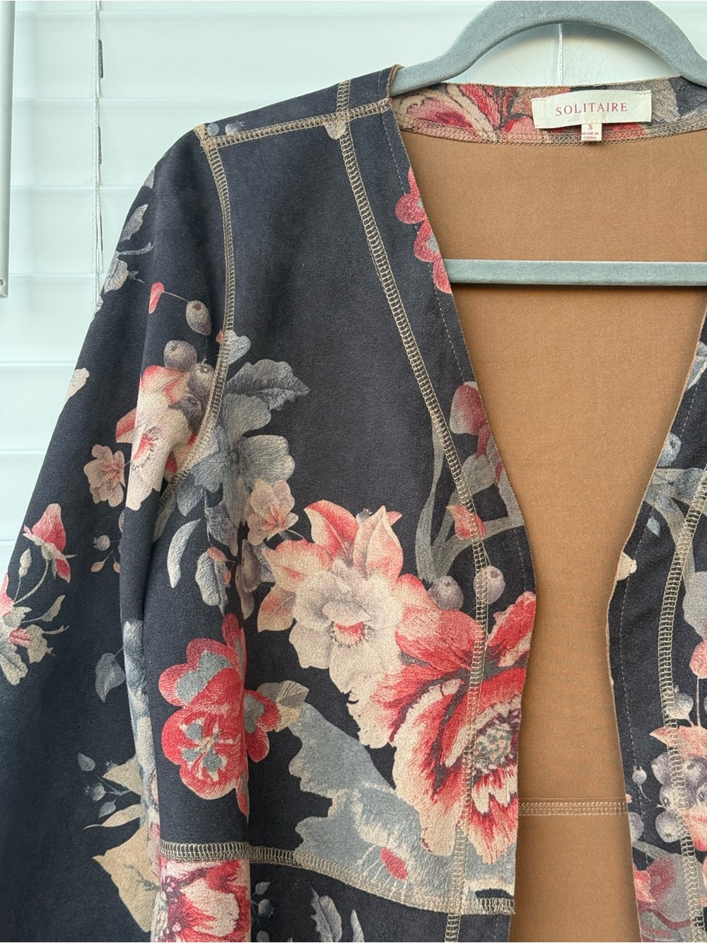 Solitaire Anthropologie Floral Faux Suede Open Front Duster Jacket Coat S Boho - Picture 8 of 13
